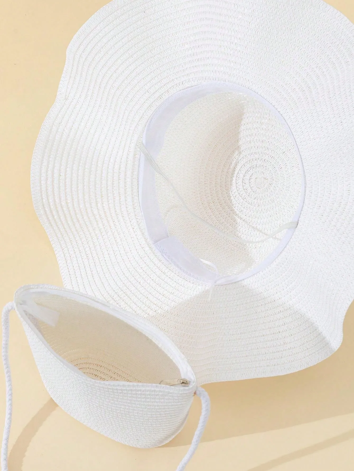 2pcs Women White Wave Beach Sunhat And Crossbody Woven Bag Set Suitable For Beach Vacation