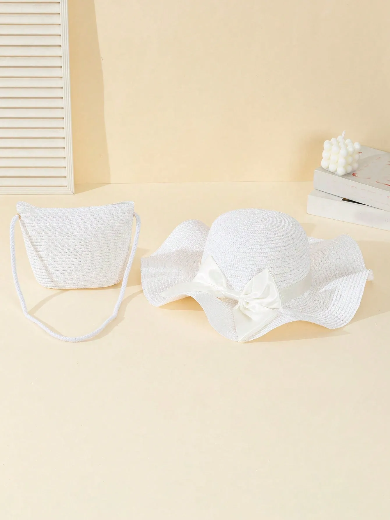 2pcs Women White Wave Beach Sunhat And Crossbody Woven Bag Set Suitable For Beach Vacation