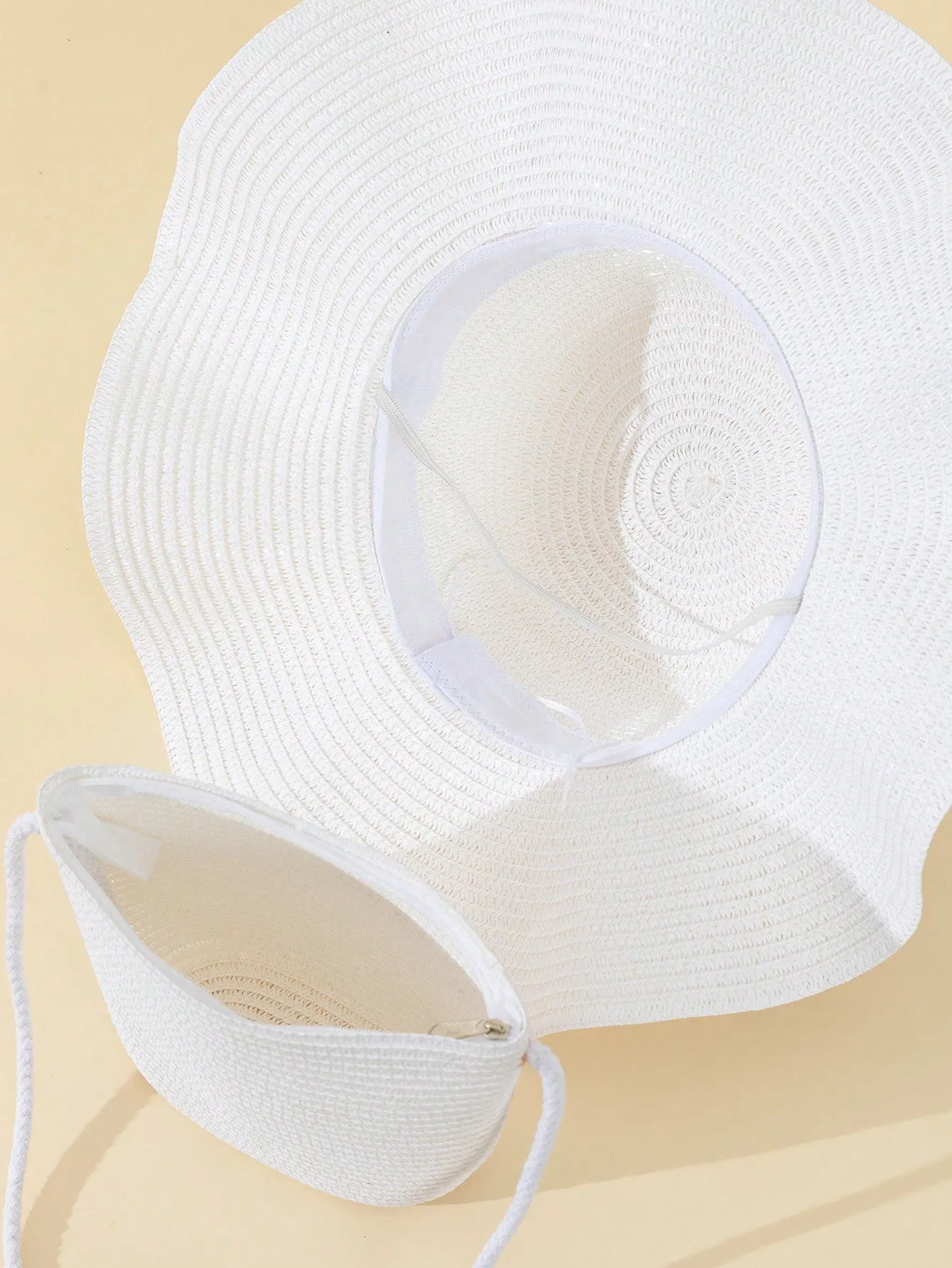 2pcs Women White Wave Beach Sunhat And Crossbody Woven Bag Set Suitable For Beach Vacation