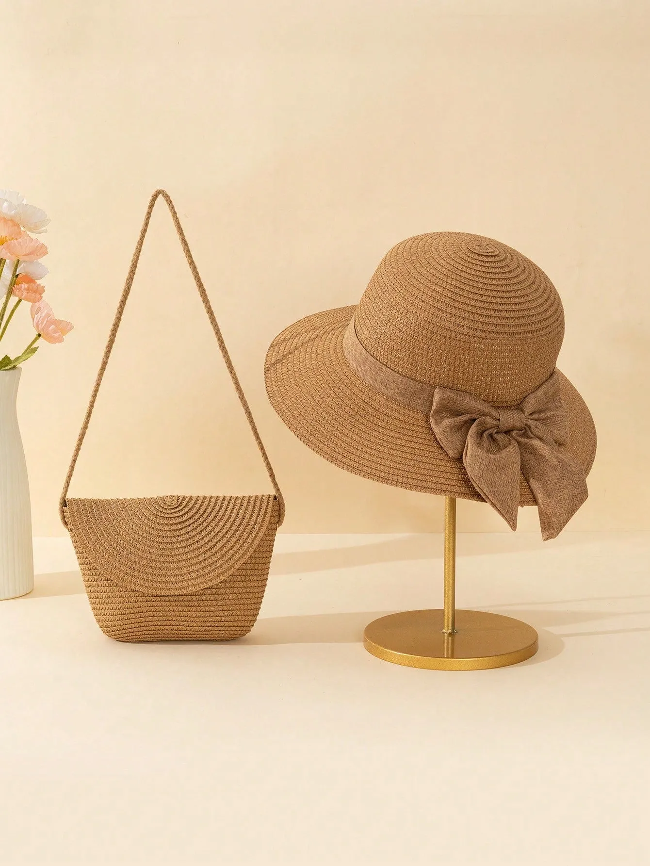 2pcs Women White Wave Beach Sunhat And Crossbody Woven Bag Set Suitable For Beach Vacation