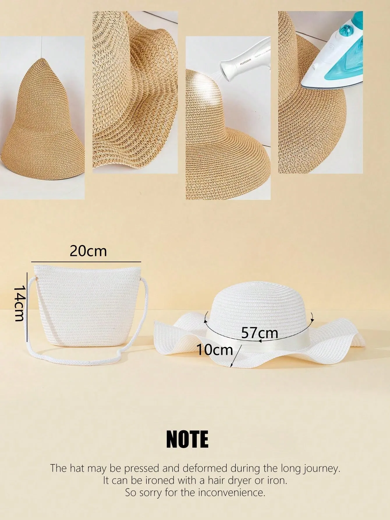 2pcs Women White Wave Beach Sunhat And Crossbody Woven Bag Set Suitable For Beach Vacation