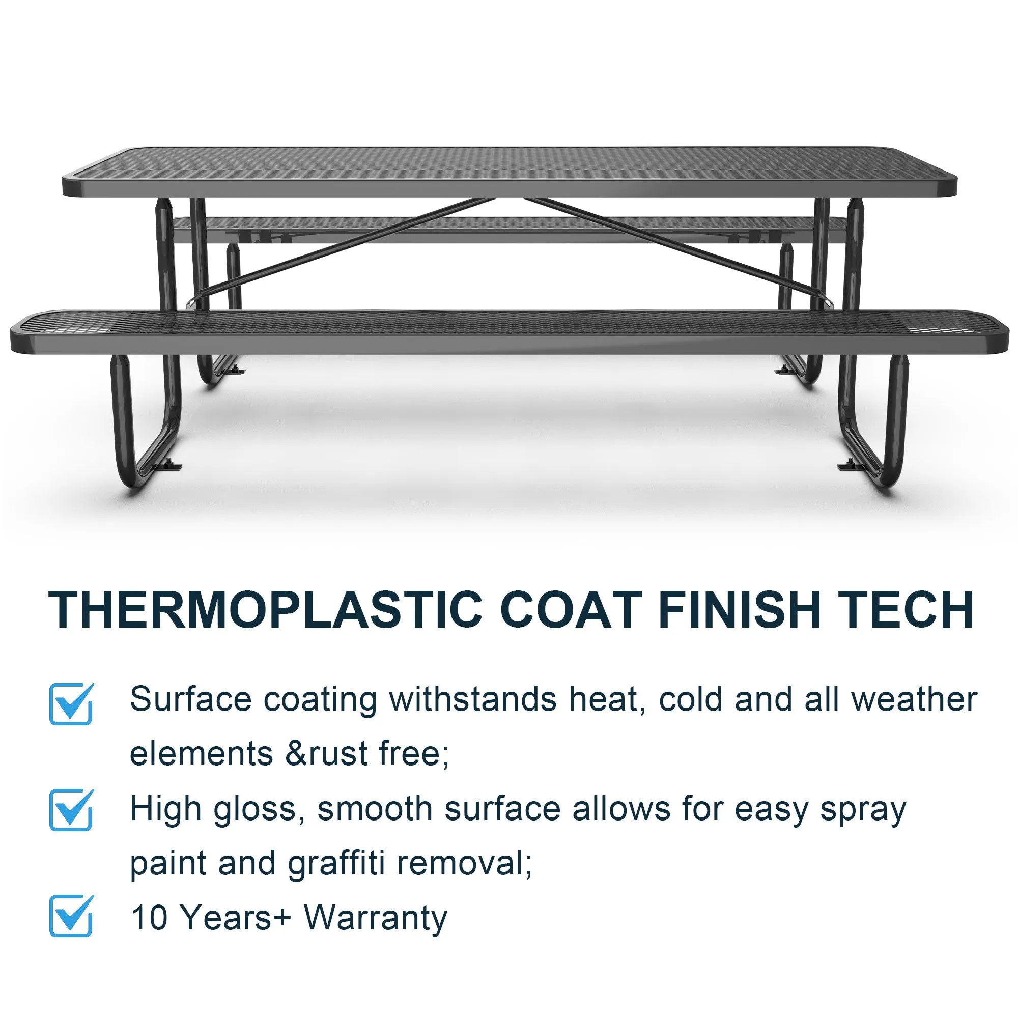 8 ft Metal Picnic Tables for Outdoors, Rectangle Coated Steel Patio Furniture Set