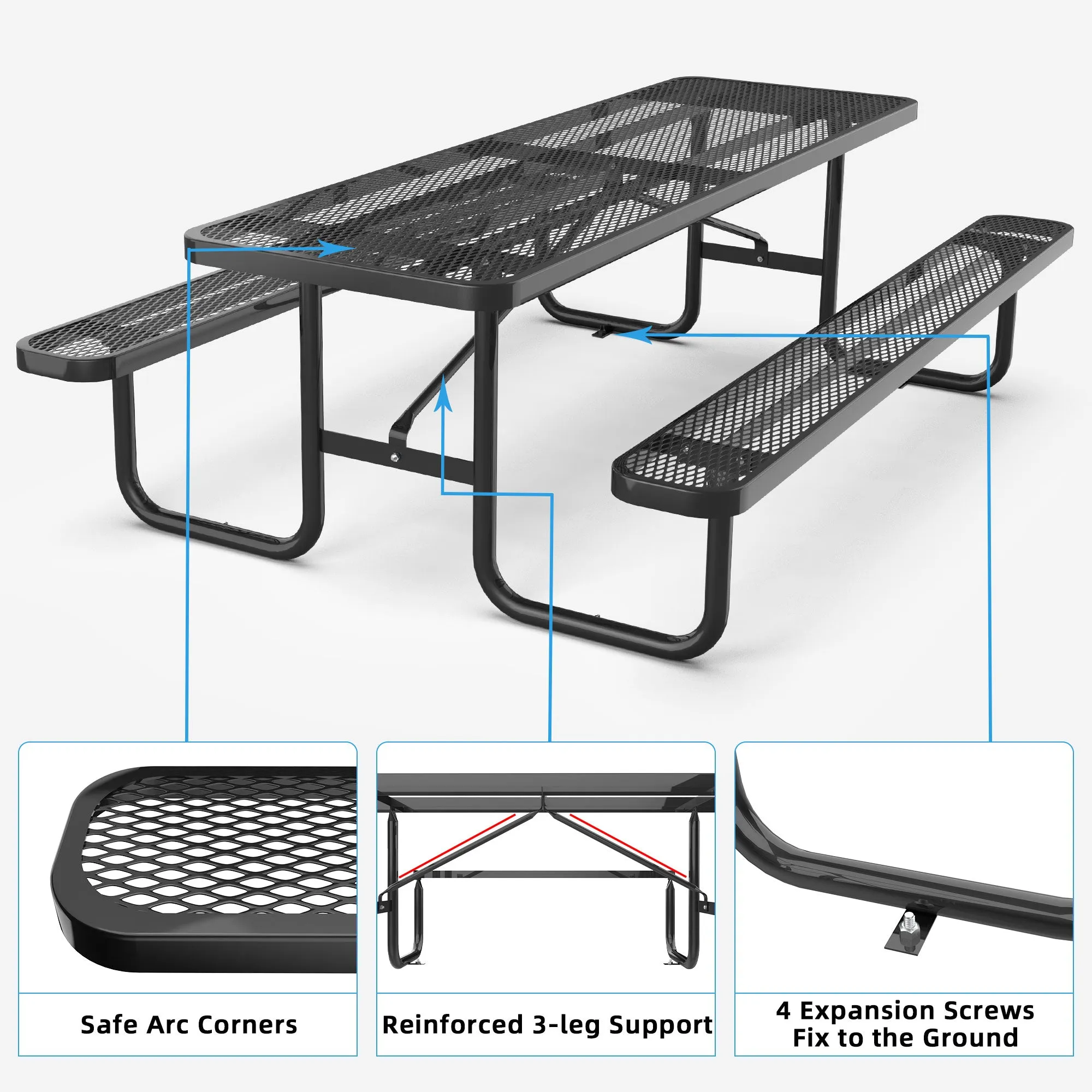 8 ft Metal Picnic Tables for Outdoors, Rectangle Coated Steel Patio Furniture Set