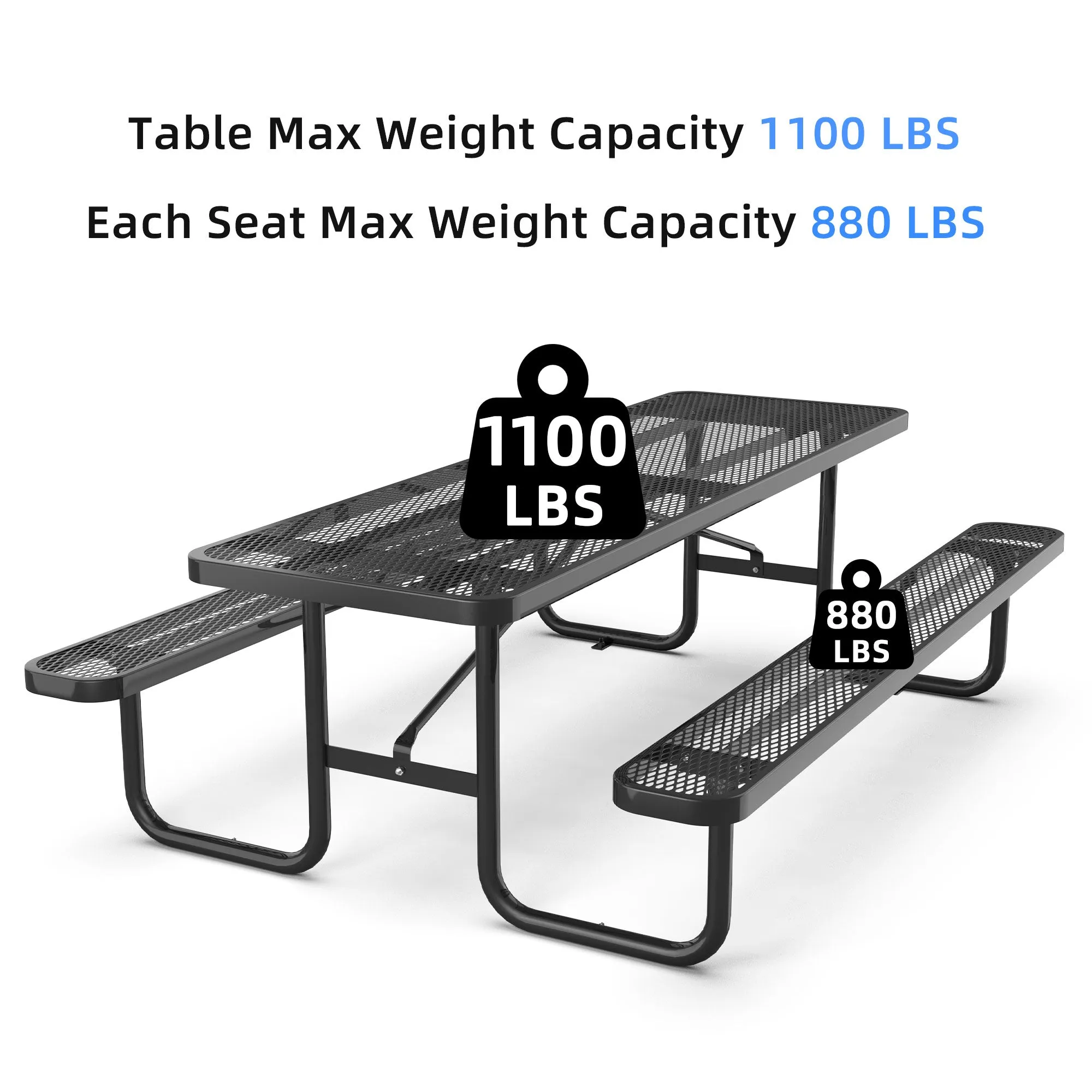 8 ft Metal Picnic Tables for Outdoors, Rectangle Coated Steel Patio Furniture Set