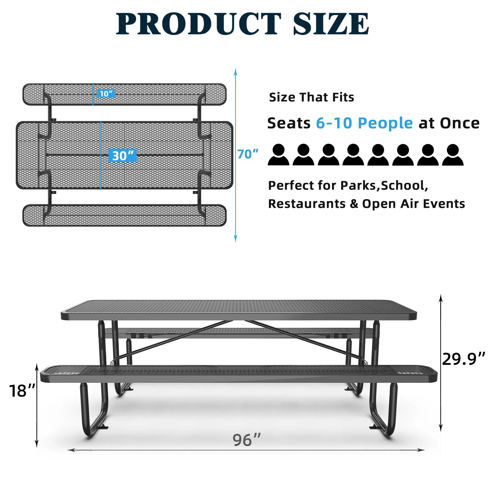 8 ft Metal Picnic Tables for Outdoors, Rectangle Coated Steel Patio Furniture Set