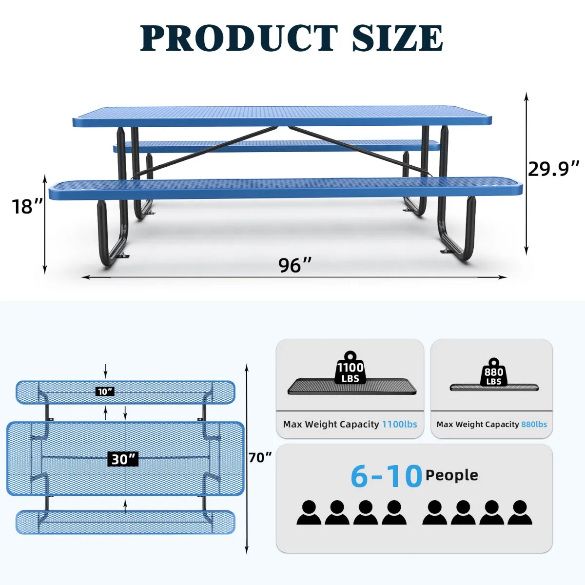 8 ft Metal Picnic Tables for Outdoors, Rectangle Coated Steel Patio Furniture Set