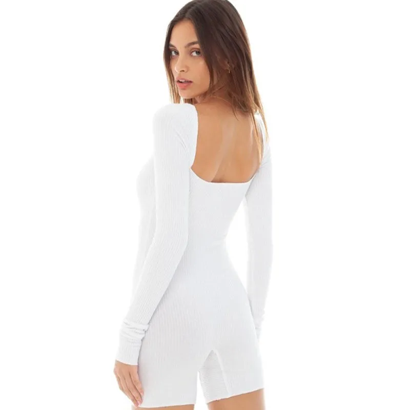 Active Square Neck Long Sleeve Ribbed Bike Short Romper - White