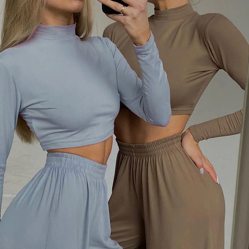 Athleisure Solid Long Sleeve Crop Top Wide Leg Pants Matching Set - Khaki