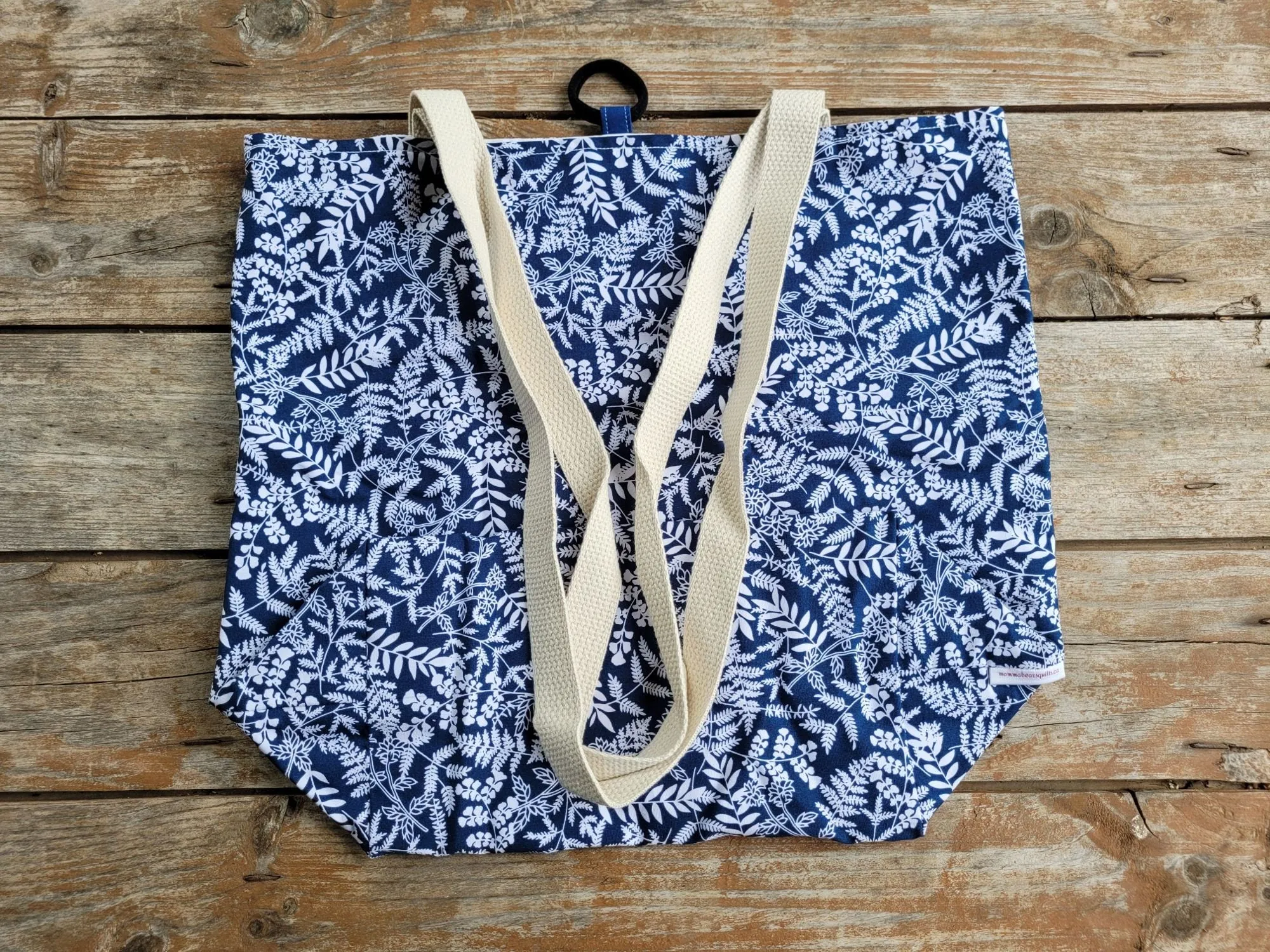 Basic Tote Bag in Navy Leaf Botanical Cotton Print