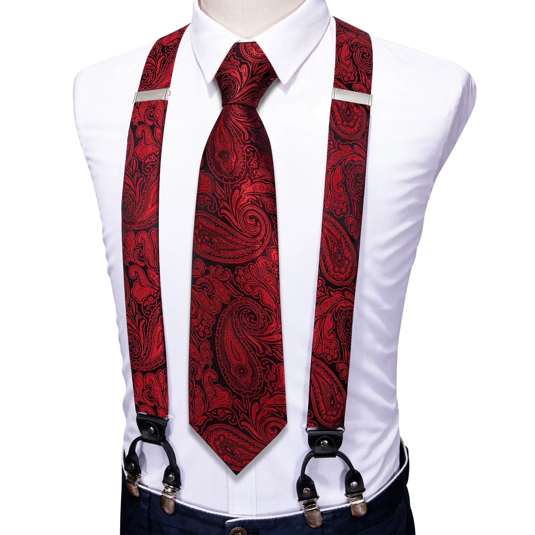 Black Red Paisley Brace Clip-on Men's Suspender with Bow Tie Set