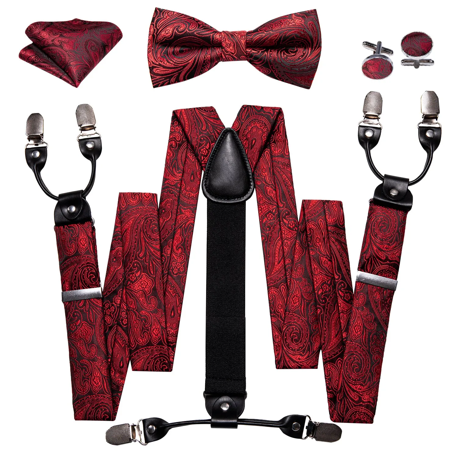 Black Red Paisley Brace Clip-on Men's Suspender with Bow Tie Set