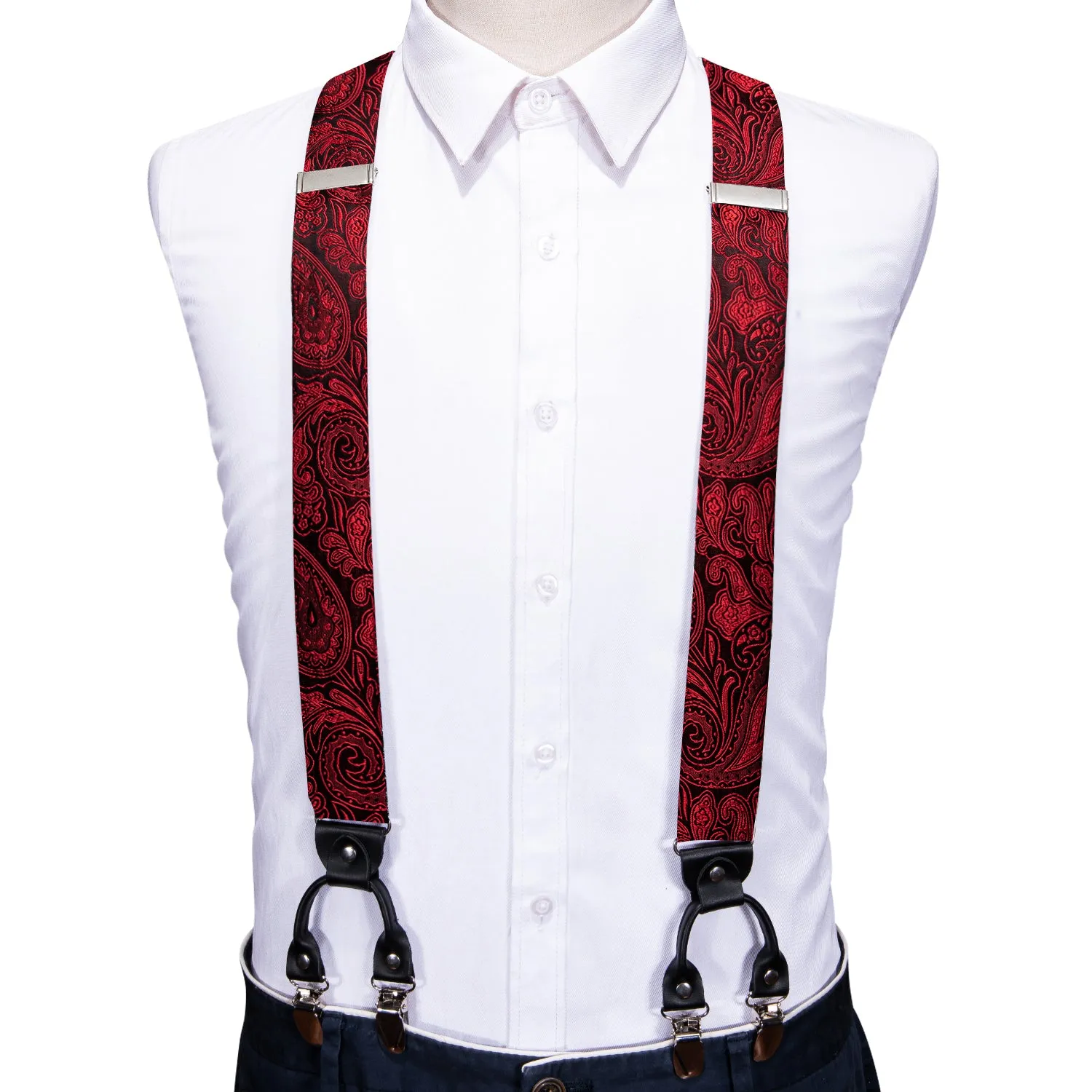 Black Red Paisley Brace Clip-on Men's Suspender with Bow Tie Set