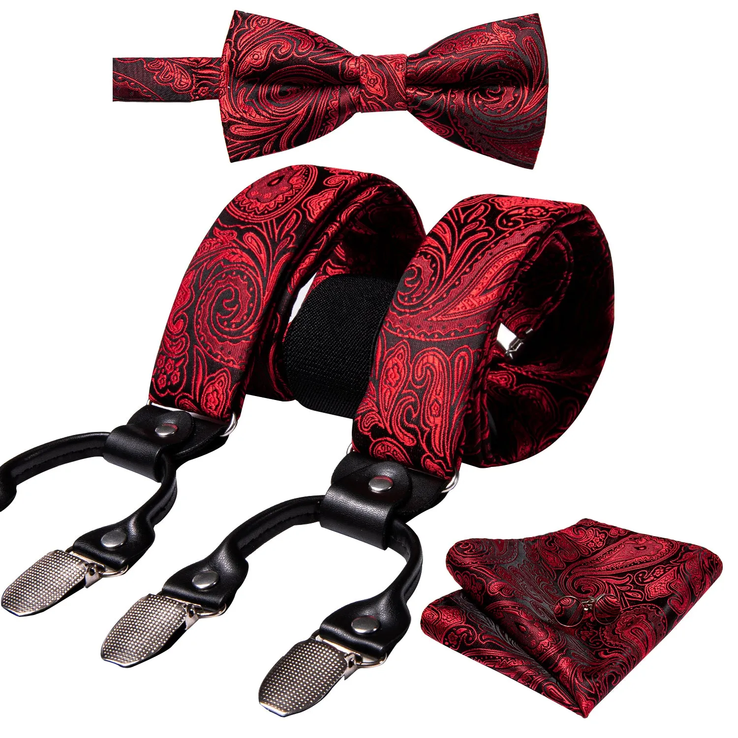 Black Red Paisley Brace Clip-on Men's Suspender with Bow Tie Set