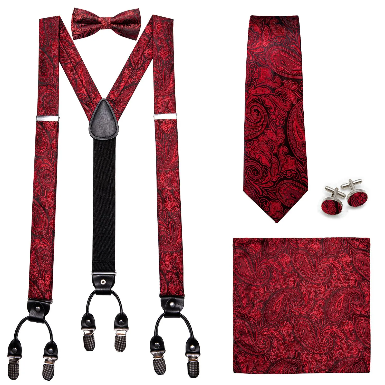 Black Red Paisley Brace Clip-on Men's Suspender with Bow Tie Set