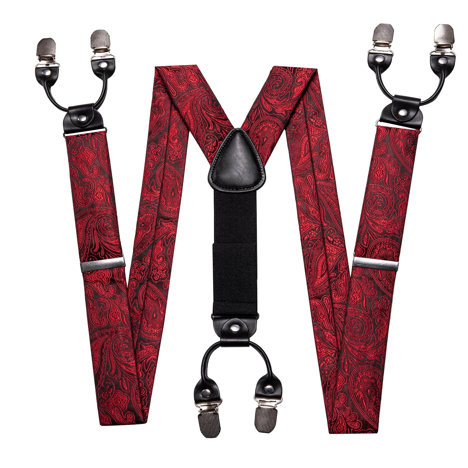 Black Red Paisley Brace Clip-on Men's Suspender with Bow Tie Set