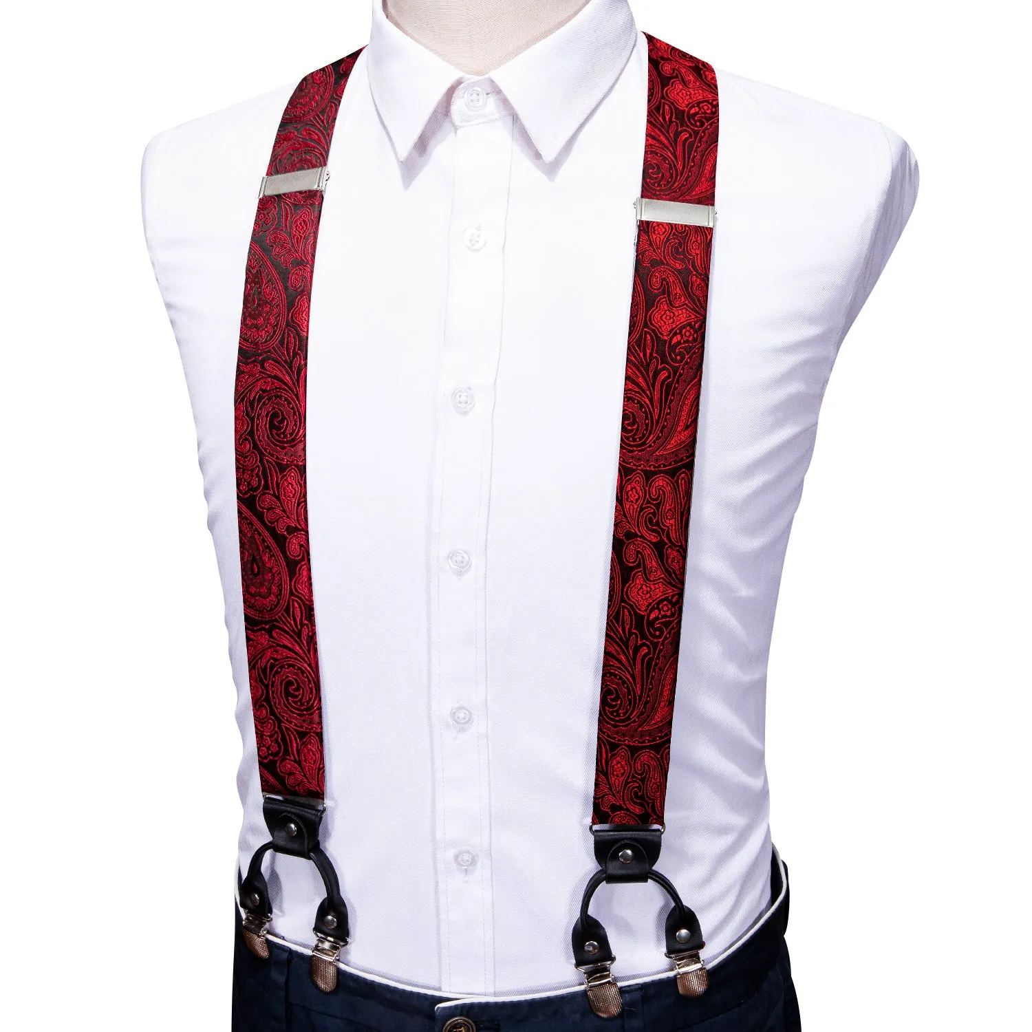 Black Red Paisley Brace Clip-on Men's Suspender with Bow Tie Set