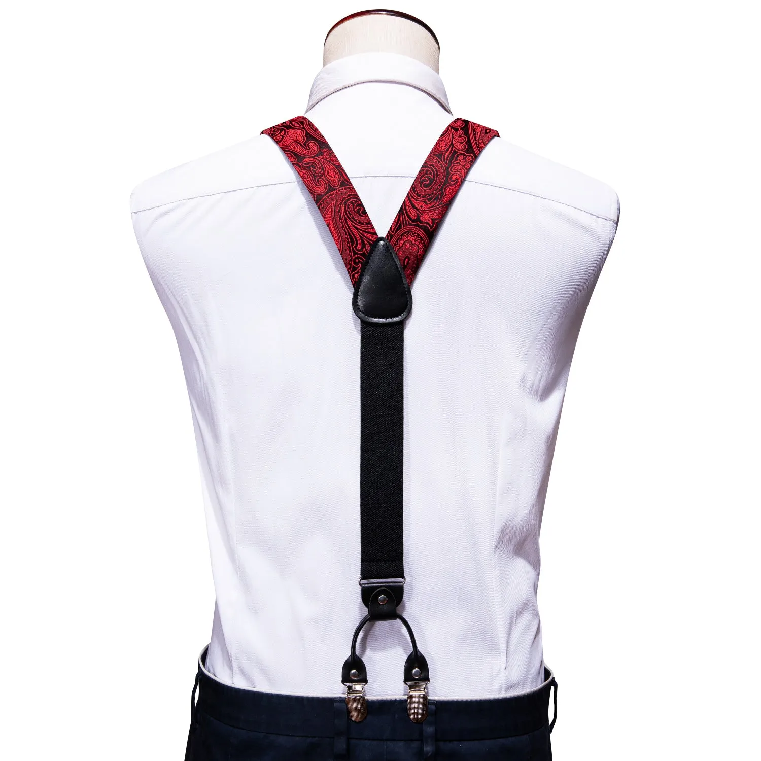 Black Red Paisley Brace Clip-on Men's Suspender with Bow Tie Set