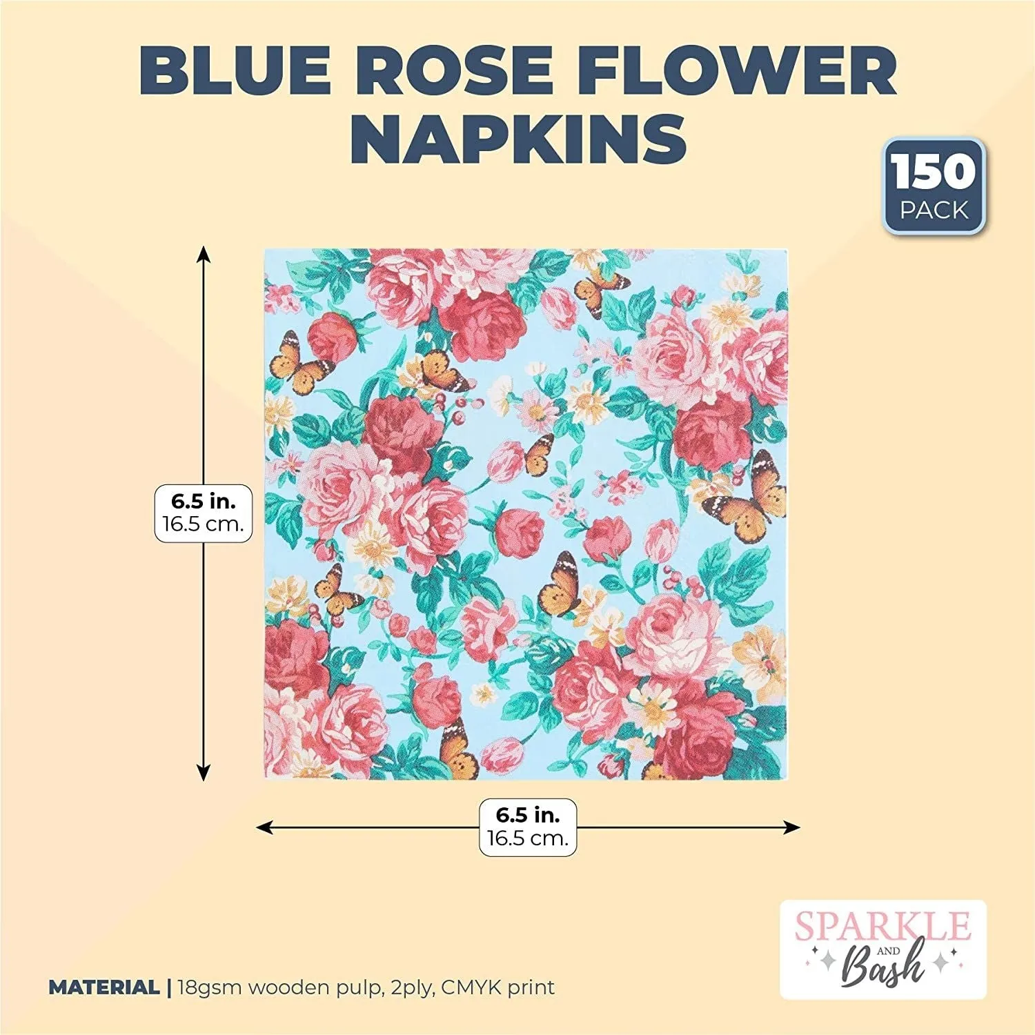 Blue Floral Paper Napkins with Rose Flowers for Birthday Party (6.5 x 6.5 In, 50 Pack)