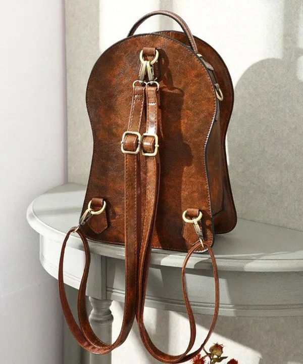 Brown Clock Shaped Pu Leather Backpack