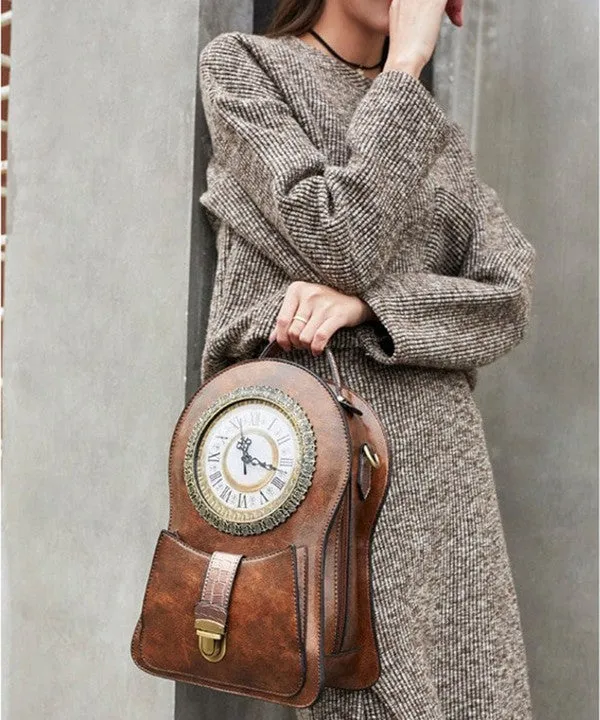 Brown Clock Shaped Pu Leather Backpack