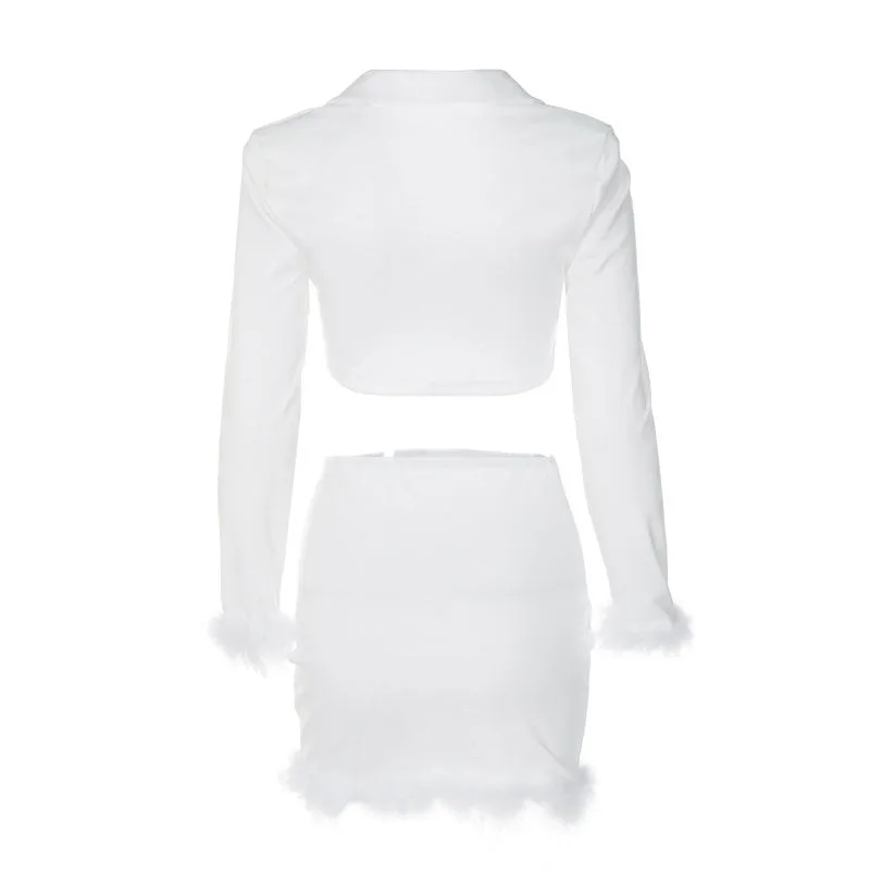 Chic Long Sleeve Crop Blazer Feather Trim Mini Skirt Matching Set - White