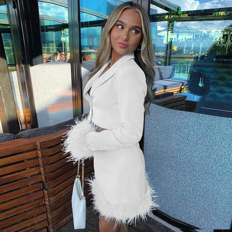 Chic Long Sleeve Crop Blazer Feather Trim Mini Skirt Matching Set - White