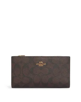 Coach Women's Brown & Black Slim Zip Wallet In Signature Canvas