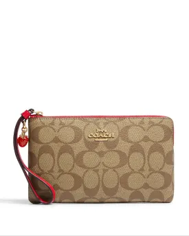 Coach Women's Khaki & Electric Red Large Corner Zip Wristlet In Signature Canvas With Strawberry