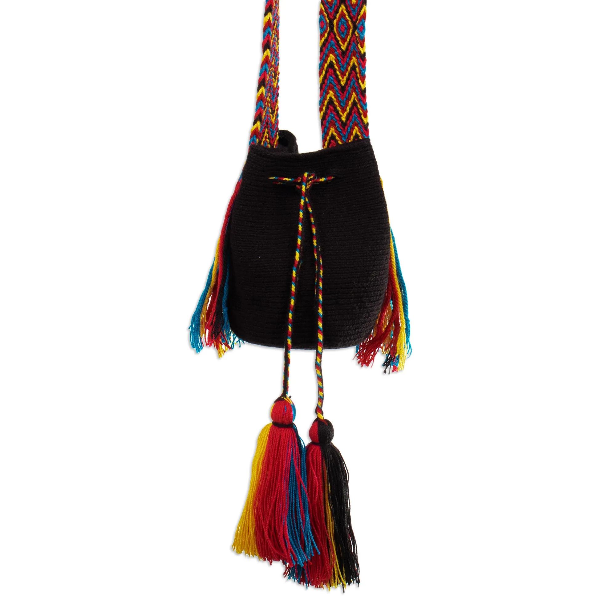 Crocheted Sling Bag in Black with Tassels from Colombia - Wayuu Charm | NOVICA