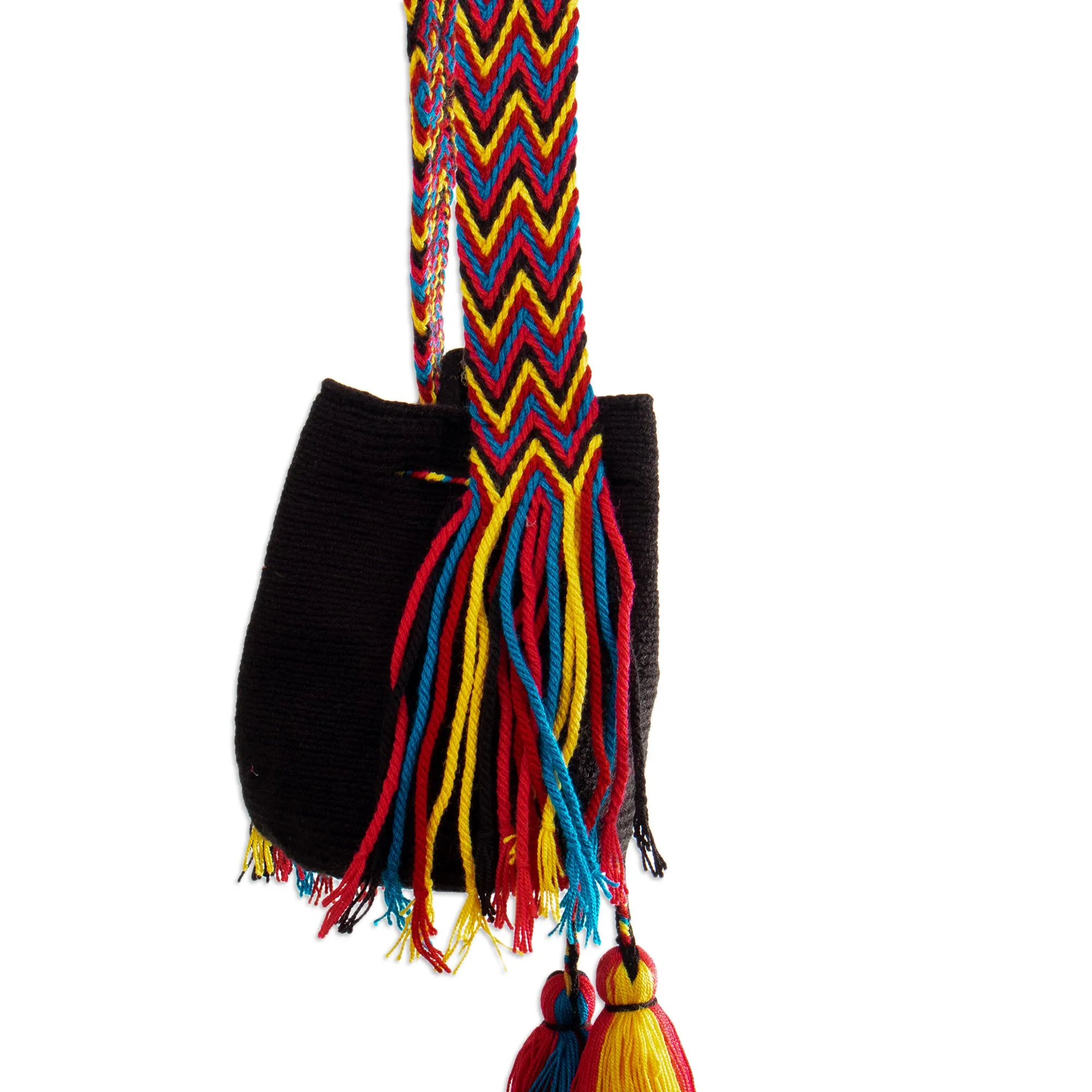 Crocheted Sling Bag in Black with Tassels from Colombia - Wayuu Charm | NOVICA