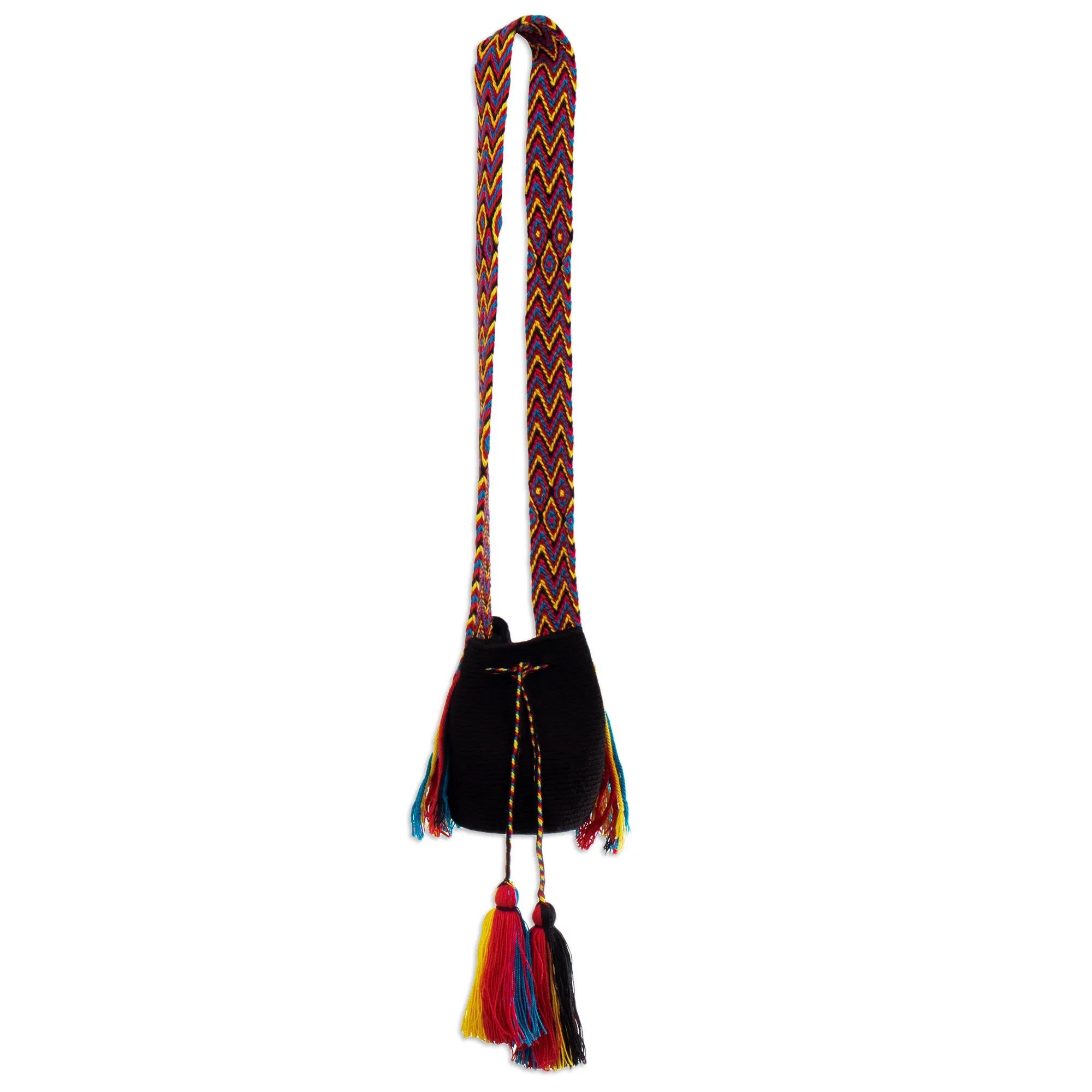 Crocheted Sling Bag in Black with Tassels from Colombia - Wayuu Charm | NOVICA