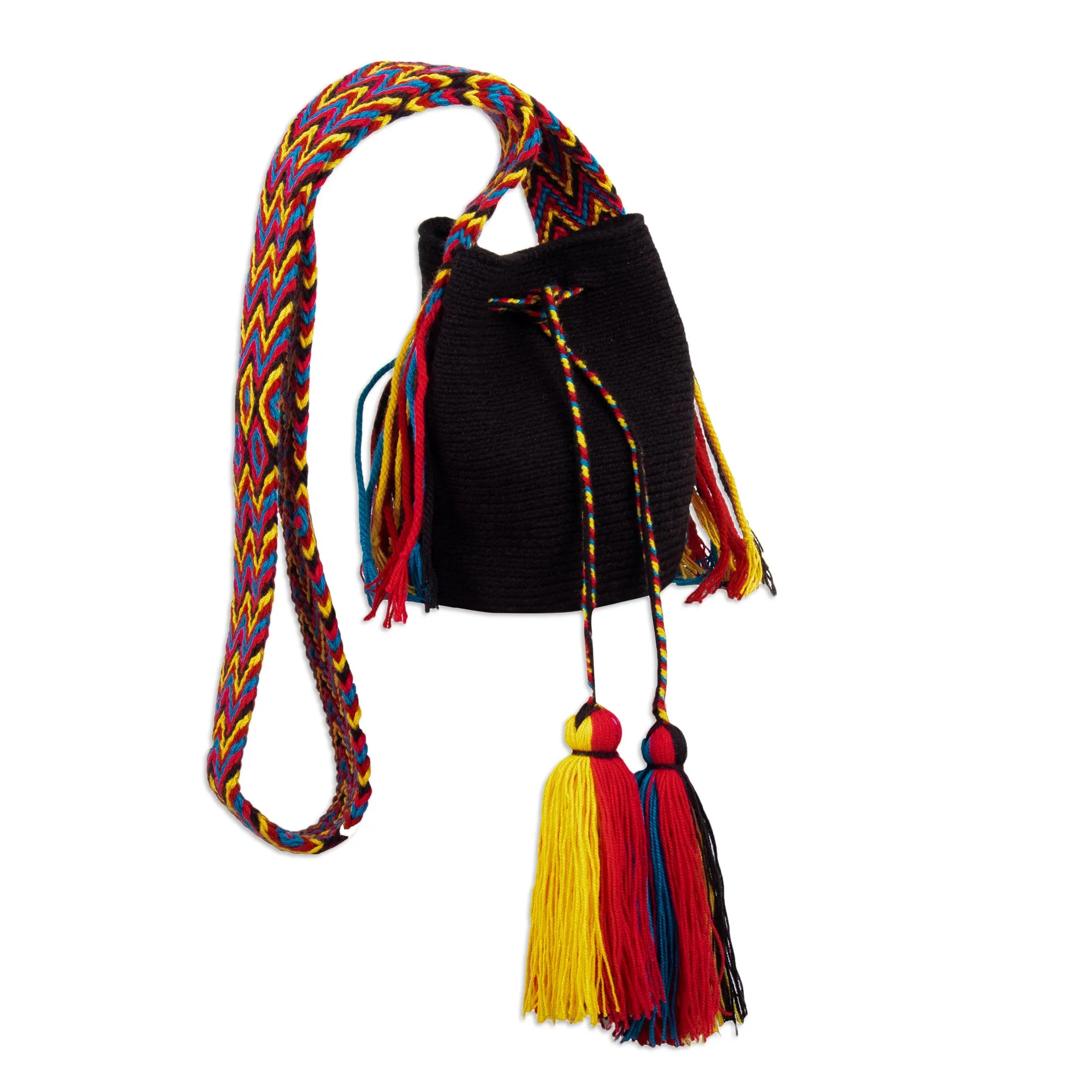 Crocheted Sling Bag in Black with Tassels from Colombia - Wayuu Charm | NOVICA