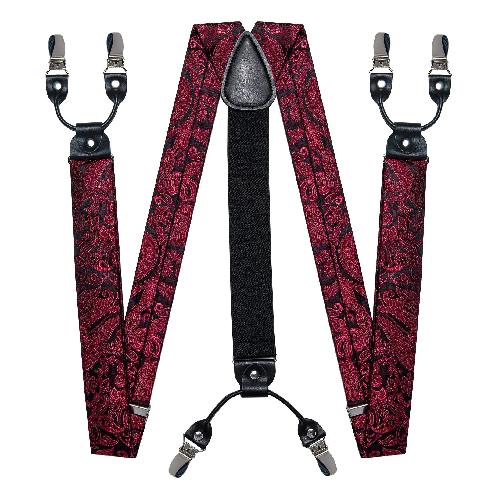 DarkRed Paisley Y Back Brace Clip-on Men's Suspender with Bow Tie Set