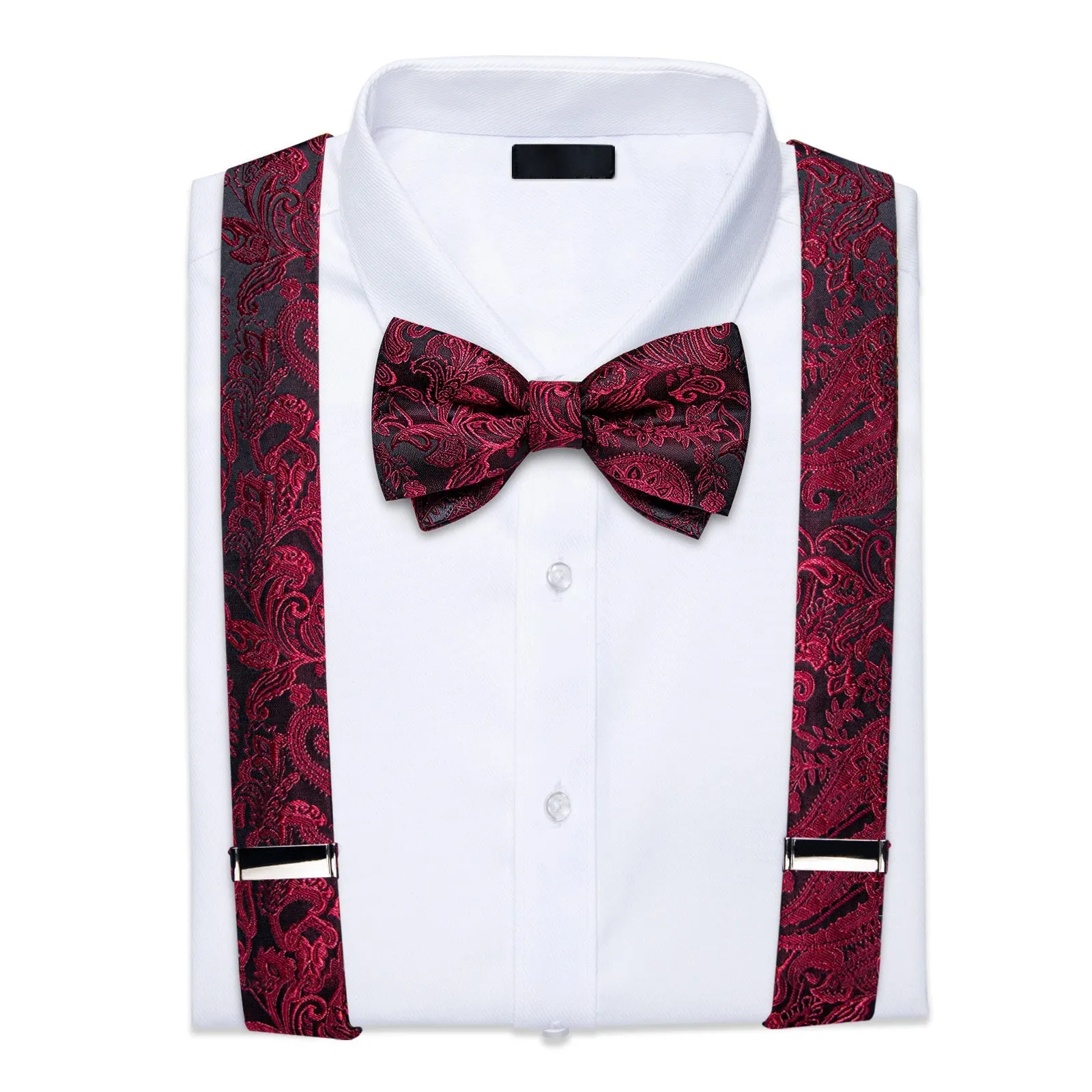 DarkRed Paisley Y Back Brace Clip-on Men's Suspender with Bow Tie Set