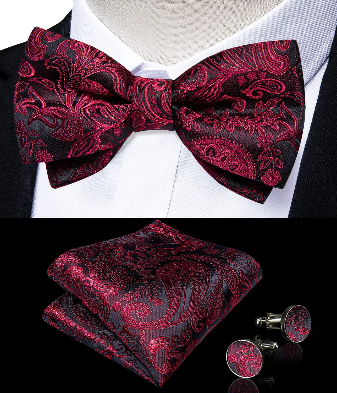 DarkRed Paisley Y Back Brace Clip-on Men's Suspender with Bow Tie Set