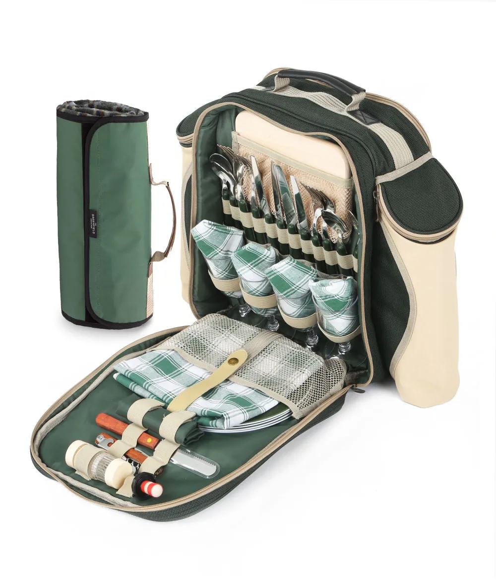 Deluxe Picnic Backpack Hamper for Four People with Matching Picnic Blanket