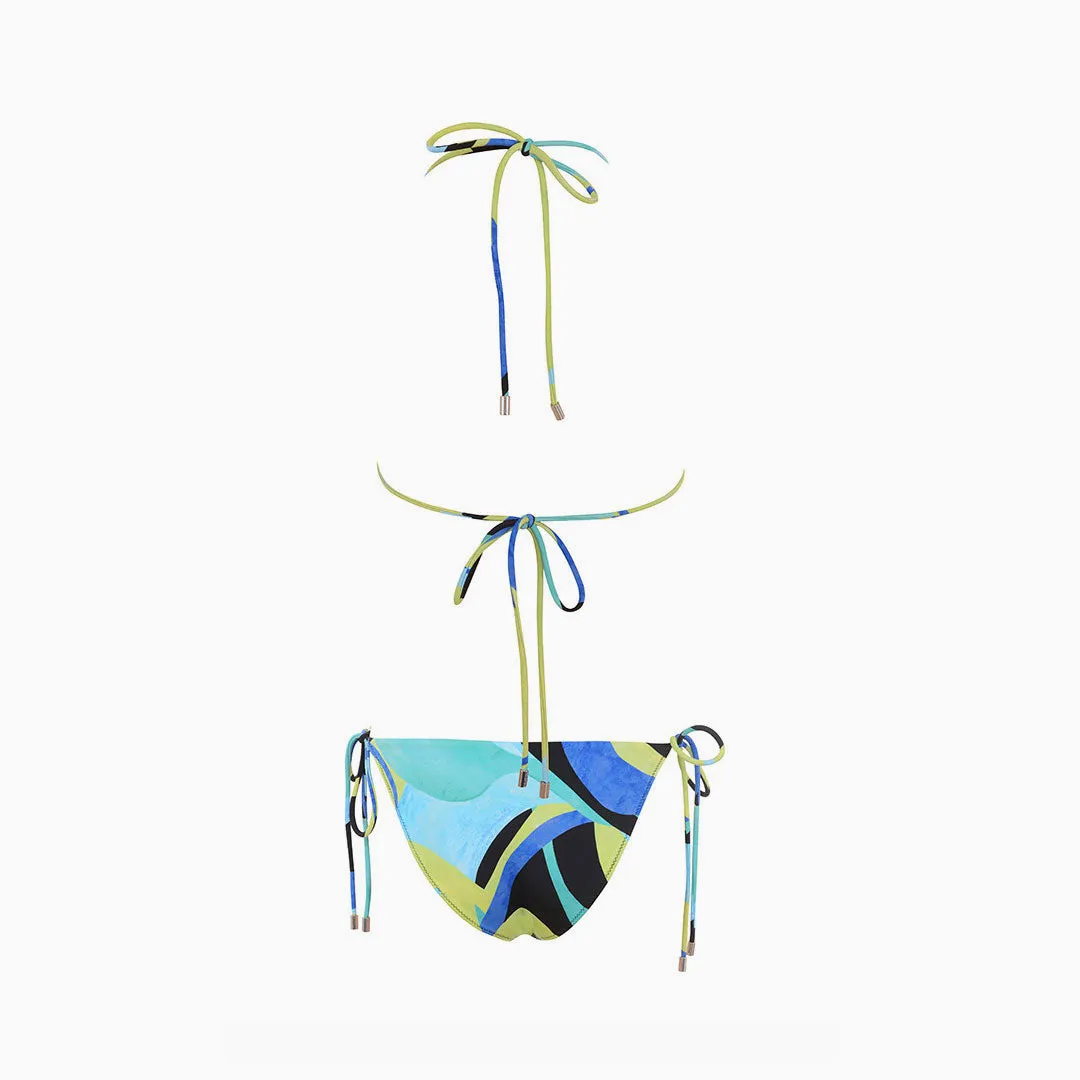 Flirty Color Block Tie String Halter Neck Bralette Bikini Set - Teal