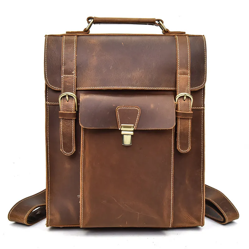 Full Grain Leather Backpack Men Leather Laptop Backpack Retro School Backpack Handbag