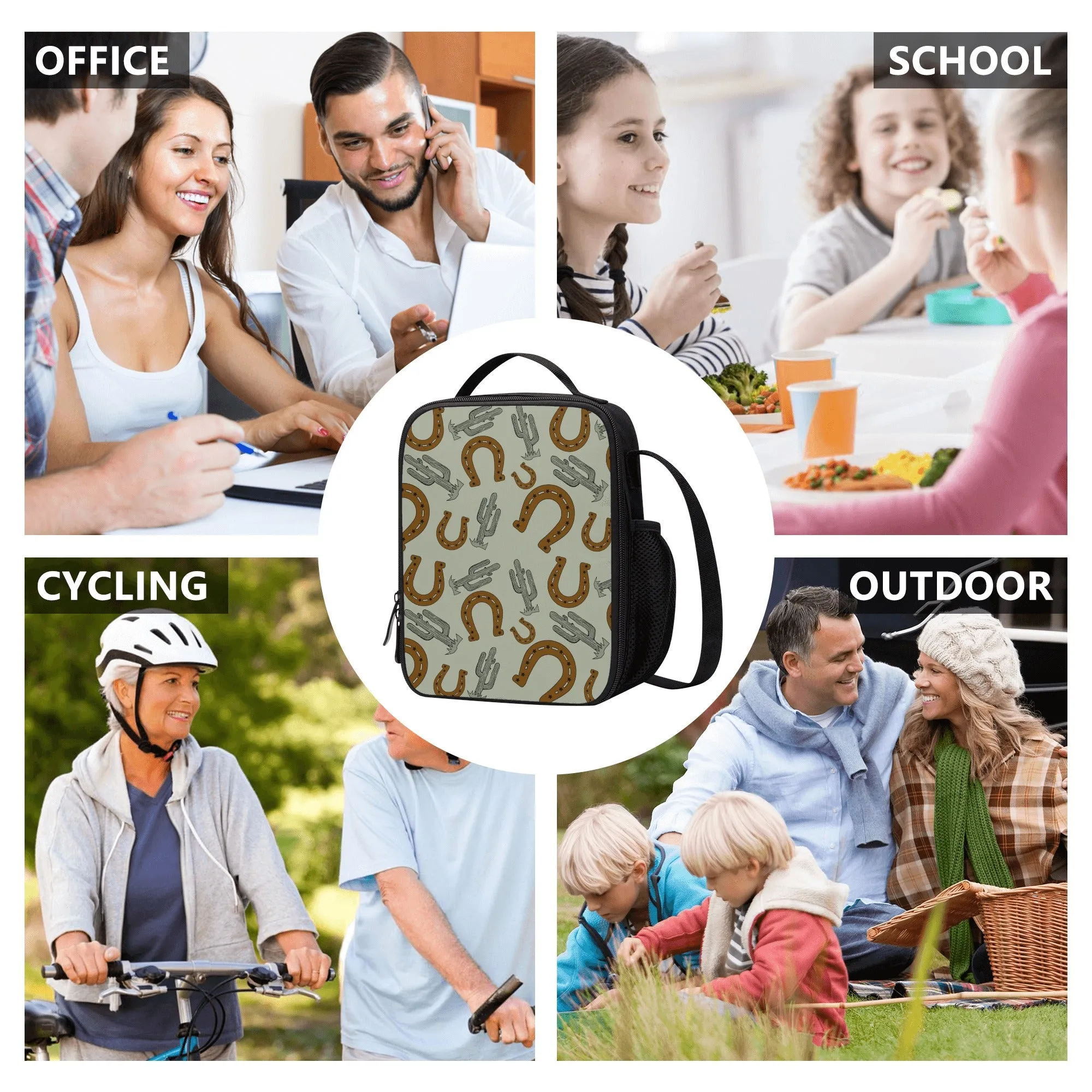 Lunch Bag-All-Over Print-Lunch Box Bag with Bottle Holder-Spacious-Cowboy Lucky Horseshoe