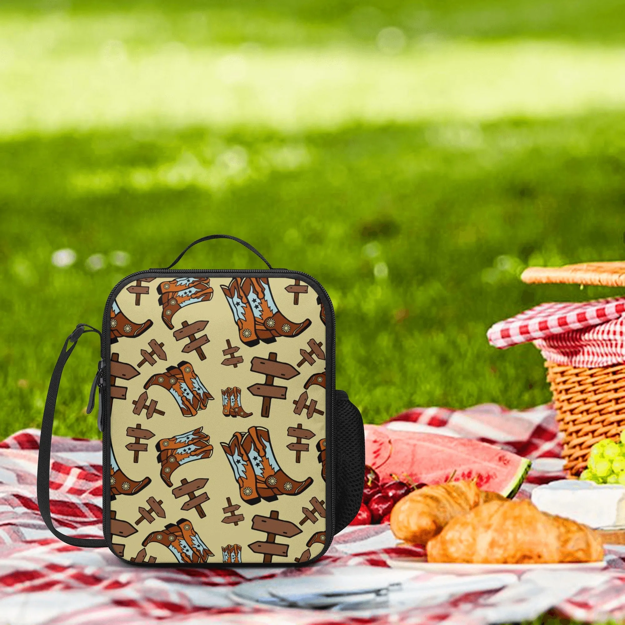 Lunch Bag-All-Over Print-Lunch Box Bag with Bottle Holder-Spacious-Western Cowboy Boots