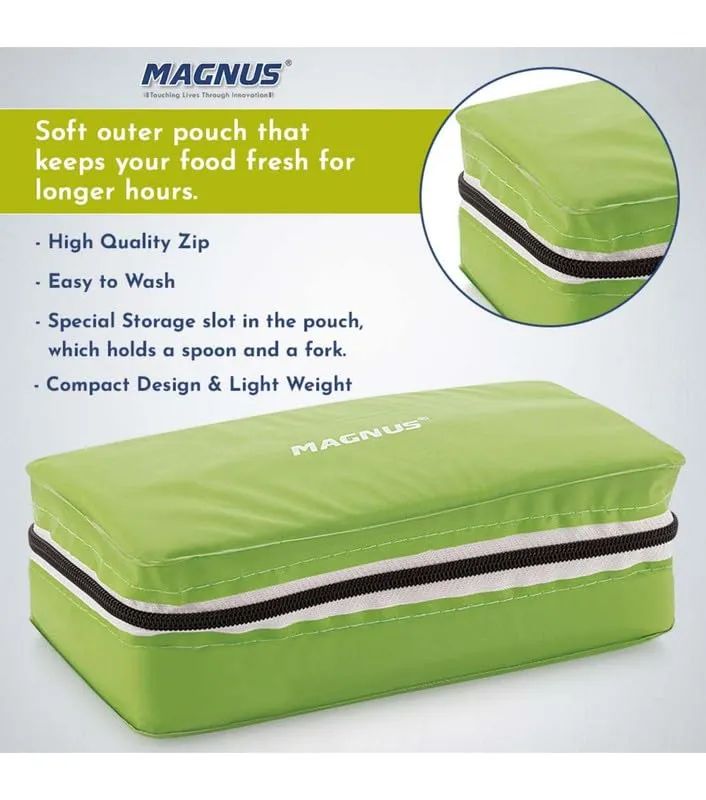 Magnus Fancy 2 Prime Steel Lunch Box Set | Leak-Proof Containers for Office & School | 1050ml | Lunch Bag for Men, Women | Lunch Box for Kids | Lunch Boxes for Office Men | Stylish Design (Green)