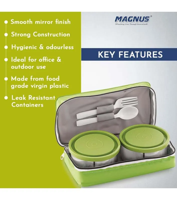 Magnus Fancy 2 Prime Steel Lunch Box Set | Leak-Proof Containers for Office & School | 1050ml | Lunch Bag for Men, Women | Lunch Box for Kids | Lunch Boxes for Office Men | Stylish Design (Green)