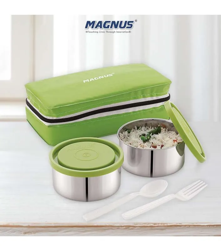 Magnus Fancy 2 Prime Steel Lunch Box Set | Leak-Proof Containers for Office & School | 1050ml | Lunch Bag for Men, Women | Lunch Box for Kids | Lunch Boxes for Office Men | Stylish Design (Green)