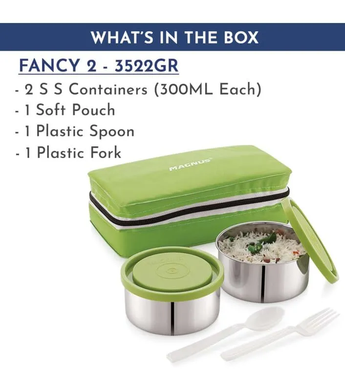 Magnus Fancy 2 Prime Steel Lunch Box Set | Leak-Proof Containers for Office & School | 1050ml | Lunch Bag for Men, Women | Lunch Box for Kids | Lunch Boxes for Office Men | Stylish Design (Green)