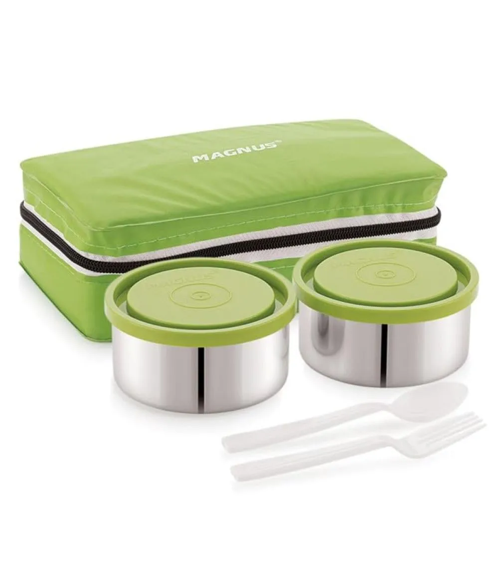 Magnus Fancy 2 Prime Steel Lunch Box Set | Leak-Proof Containers for Office & School | 1050ml | Lunch Bag for Men, Women | Lunch Box for Kids | Lunch Boxes for Office Men | Stylish Design (Green)