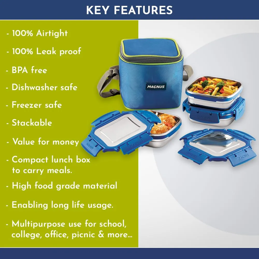 Magnus Mega 3 Stainless Steel Lunch Box Set with Bag - Airtight & Leakproof Lunch Box for Kids, Lunch Boxes for Office Men and Women - Ideal for School, Picnic (Blue, 900ml)