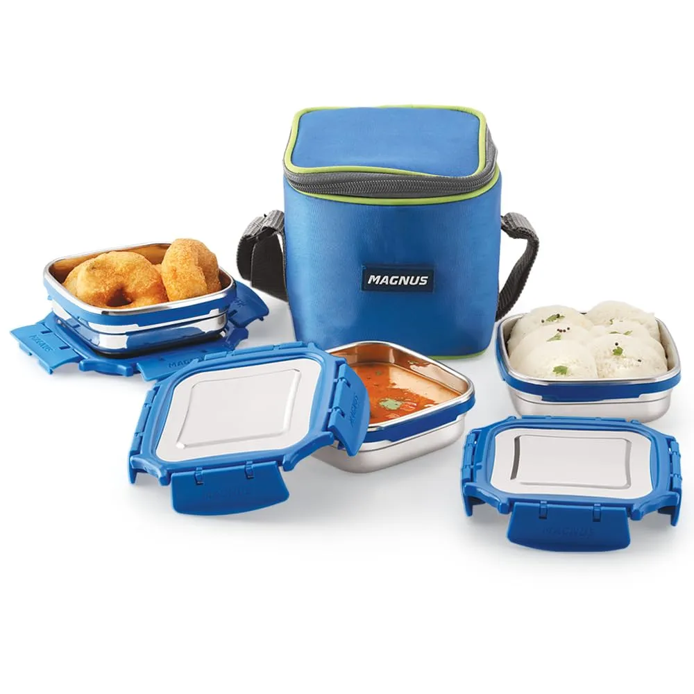 Magnus Mega 3 Stainless Steel Lunch Box Set with Bag - Airtight & Leakproof Lunch Box for Kids, Lunch Boxes for Office Men and Women - Ideal for School, Picnic (Blue, 900ml)