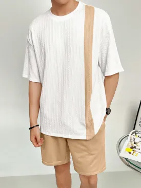 Manfinity Hypemode Men's Summer Color Block Loose Fit Casual T-Shirt With Drop Shoulder Sleeves And Drawstring Waist Shorts Set