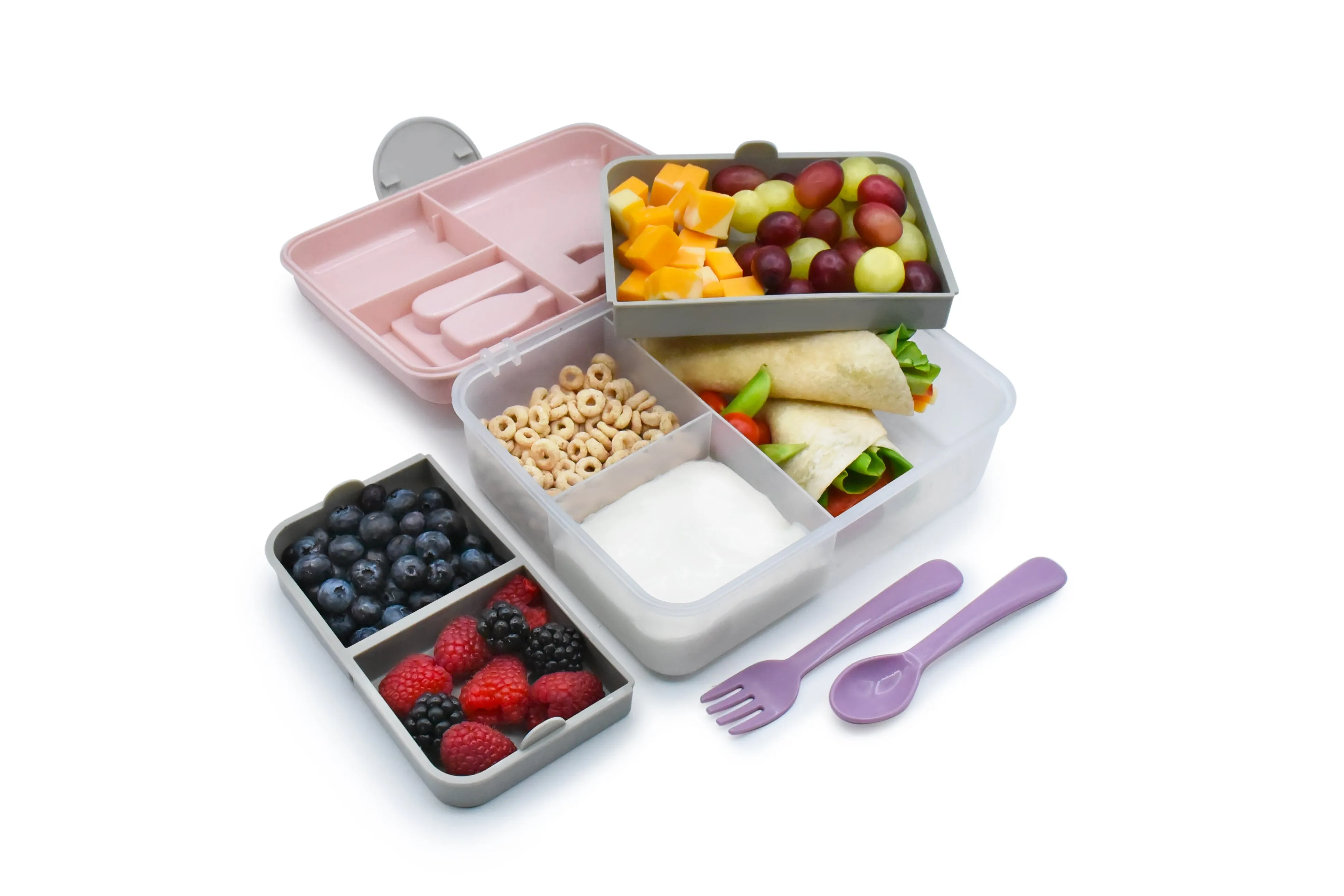 Melii 2 Tier Bento Lunch Box- Pink, Purple, Grey