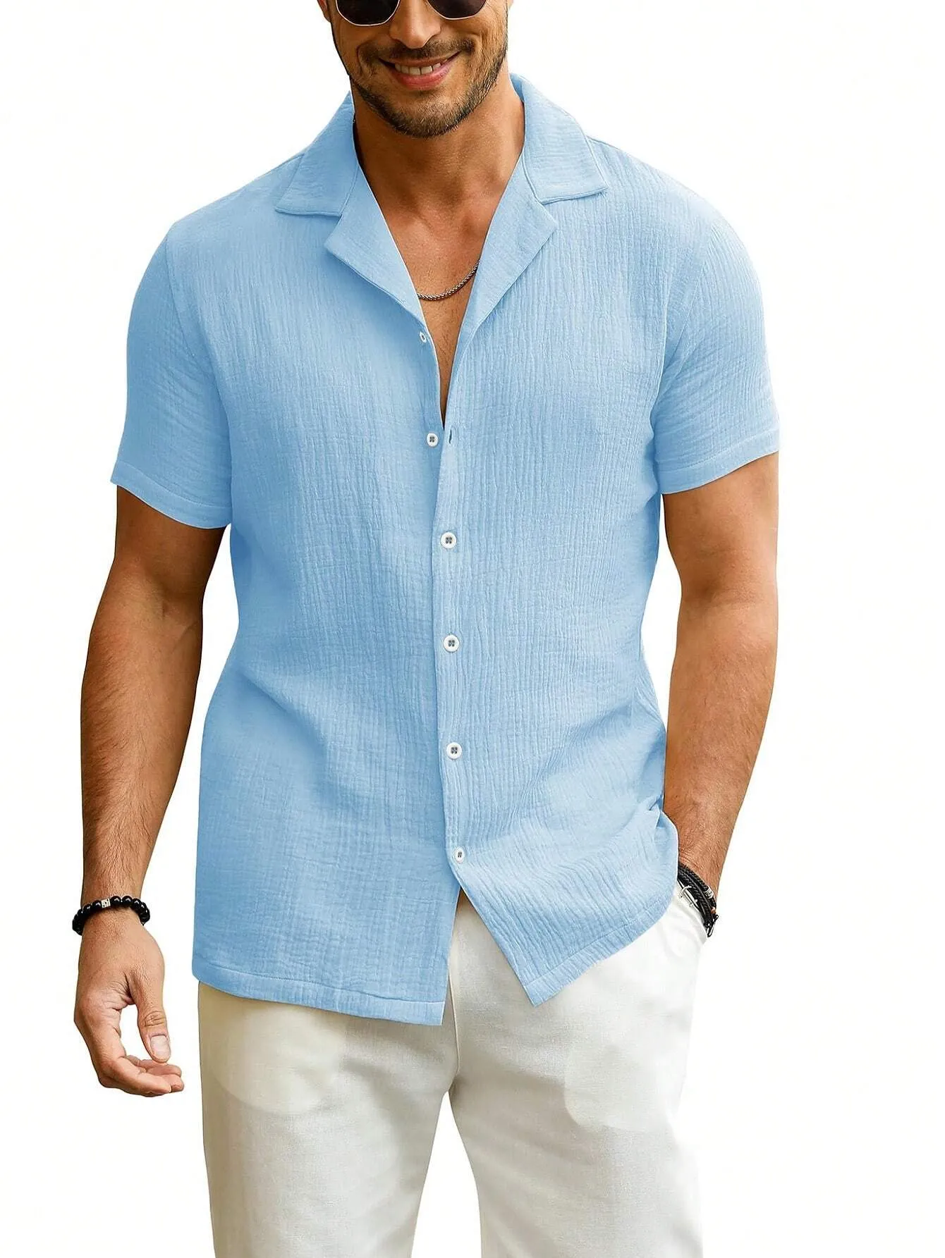 Men Slim Fit  Button Linen Guayabera Shirt Short Sleeve Summer Beachwear